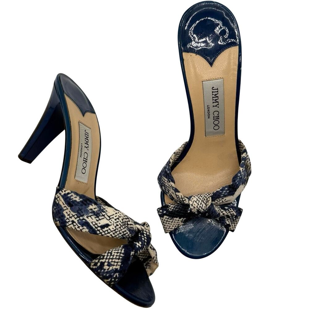 Jimmy Choo Blue Snake Print Knot Mule Heels Size 38 Y2K Pinup Retro Vintage